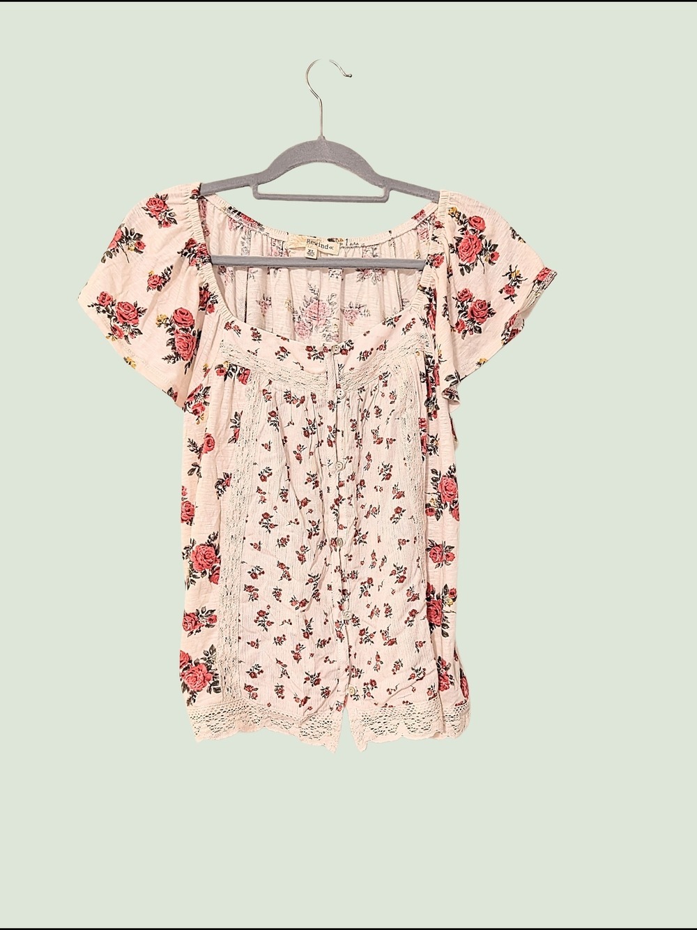 Rewind Cream Floral Scoop-Neck Blouse with Lace Trim
